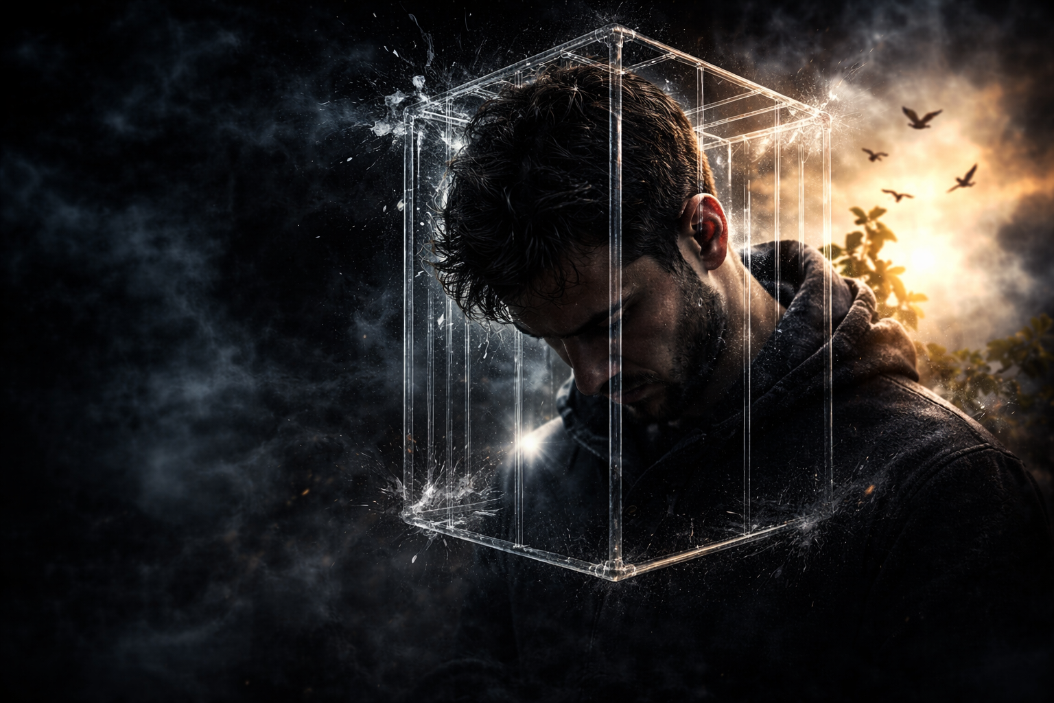 Man trapped inside a transparent glass cage around his head, symbolizing breaking free from a negative mindset, with dark shadows and light emerging behind him.