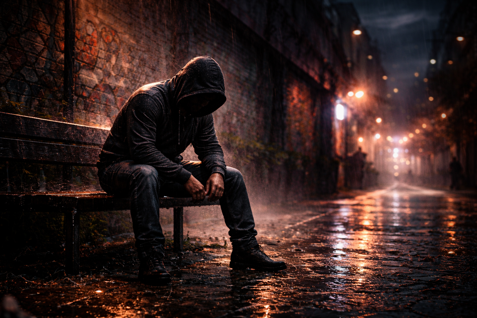 hooded man sitting alone on a bench in heavy rain at night in a dark urban alley, head down in struggle, wet pavement reflecting city lights, powerful image of loneliness resilience and mental battle