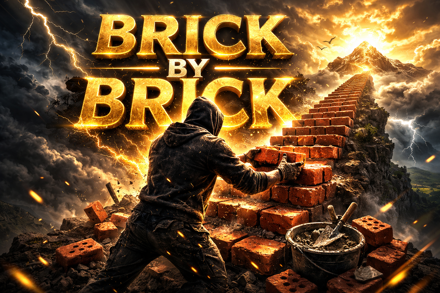 Hooded man building a brick staircase from darkness to light, symbolizing resilience and progress.