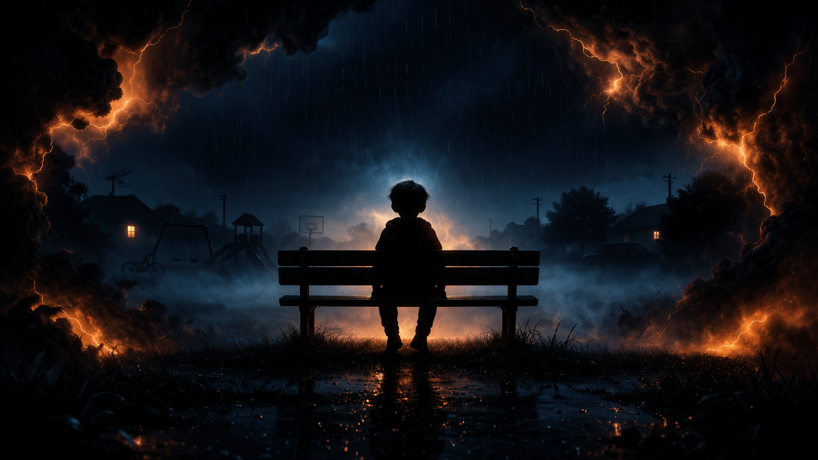 silhouette of a child sitting alone on a bench reflecting on childhood dreams and personal growth journey