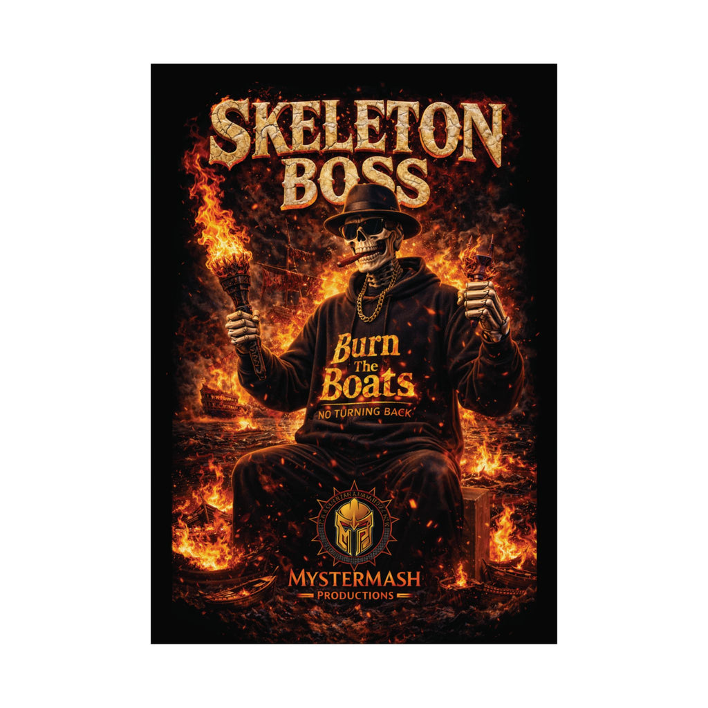 Skeleton Boss Motivational Poster – Dark Aesthetic Wall Art | No Fear No Retreat Quote | Cinematic Skull Artwork | Office Gym Decor | Mystermash Productions