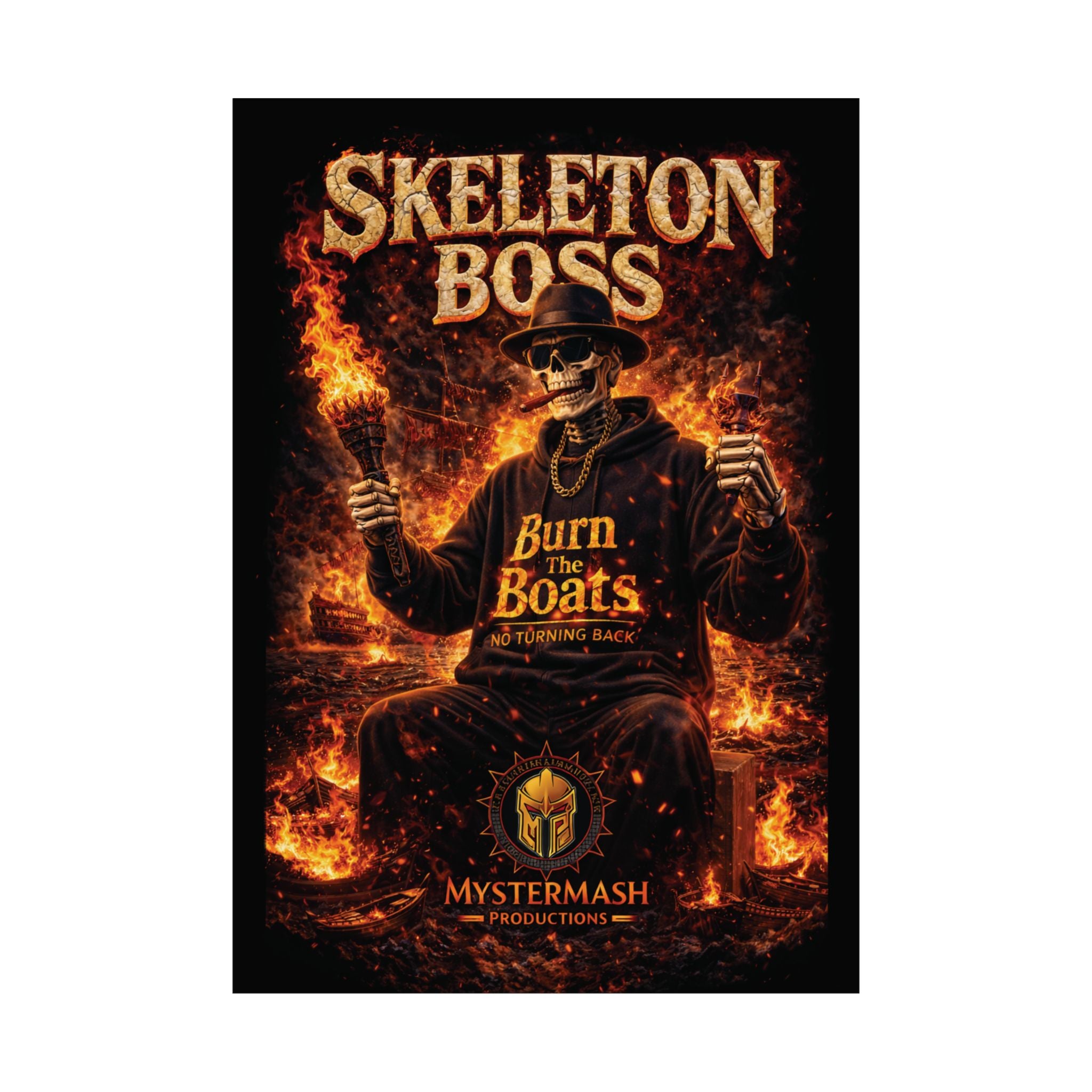 Skeleton Boss Motivational Poster – Dark Aesthetic Wall Art | No Fear No Retreat Quote | Cinematic Skull Artwork | Office Gym Decor | Mystermash Productions