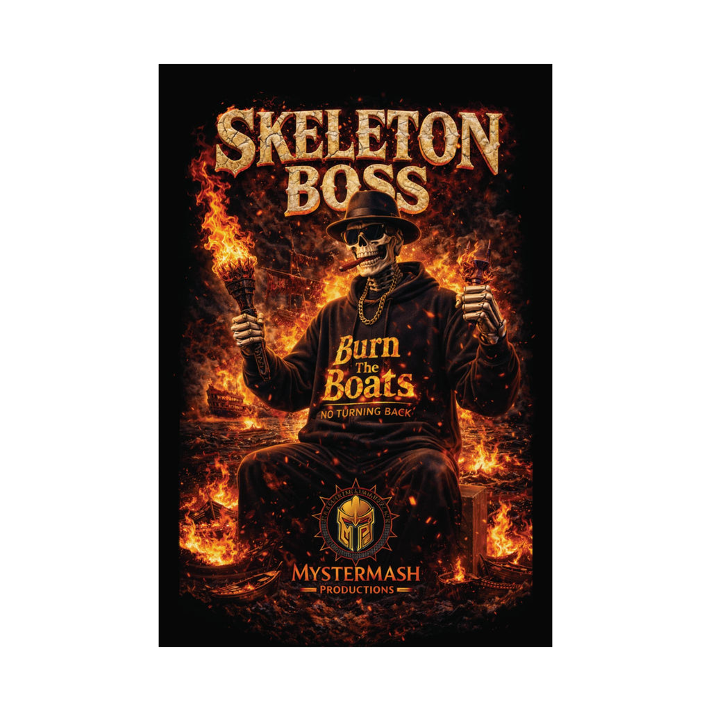 Skeleton Boss Motivational Poster – Dark Aesthetic Wall Art | No Fear No Retreat Quote | Cinematic Skull Artwork | Office Gym Decor | Mystermash Productions