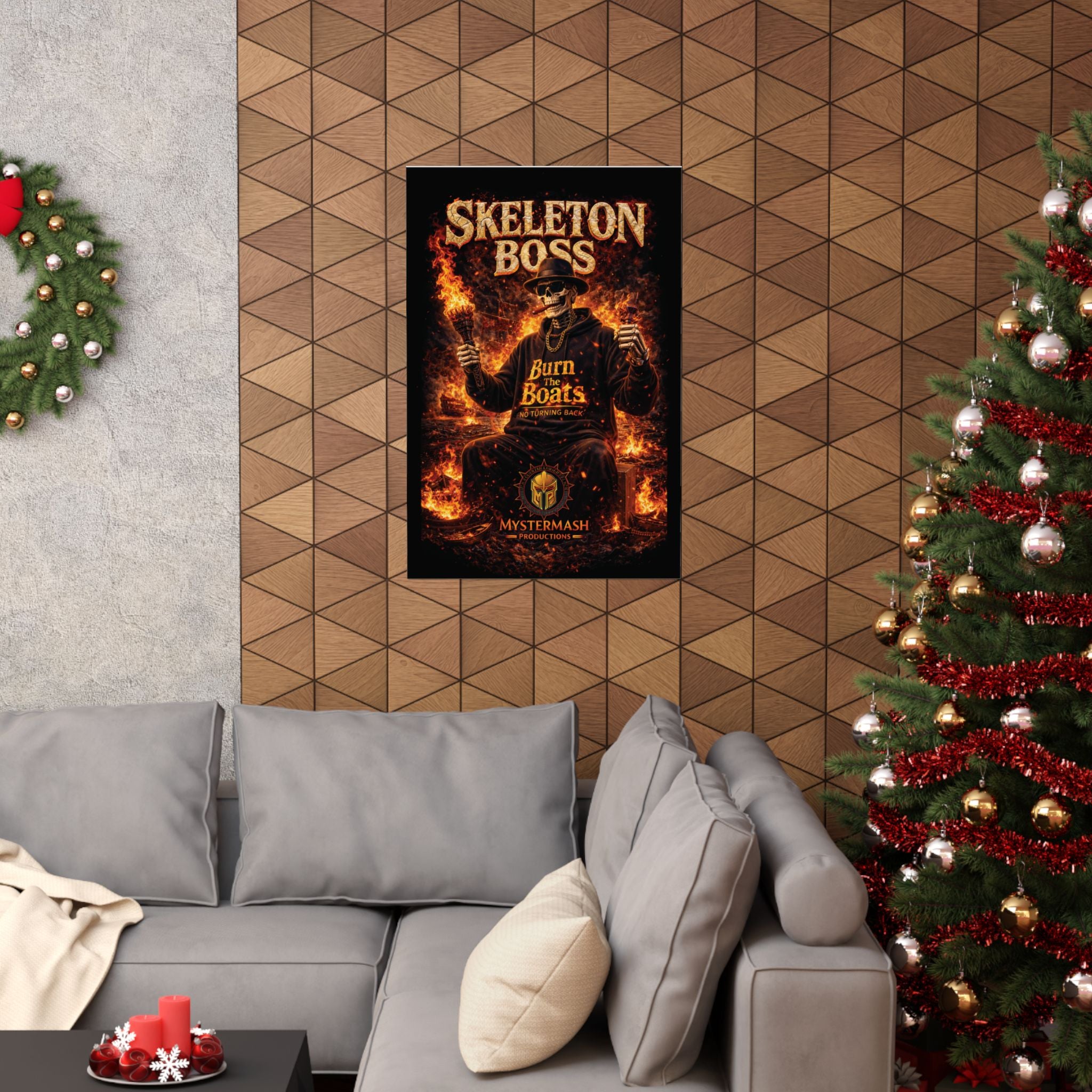 Skeleton Boss Motivational Poster – Dark Aesthetic Wall Art | No Fear No Retreat Quote | Cinematic Skull Artwork | Office Gym Decor | Mystermash Productions