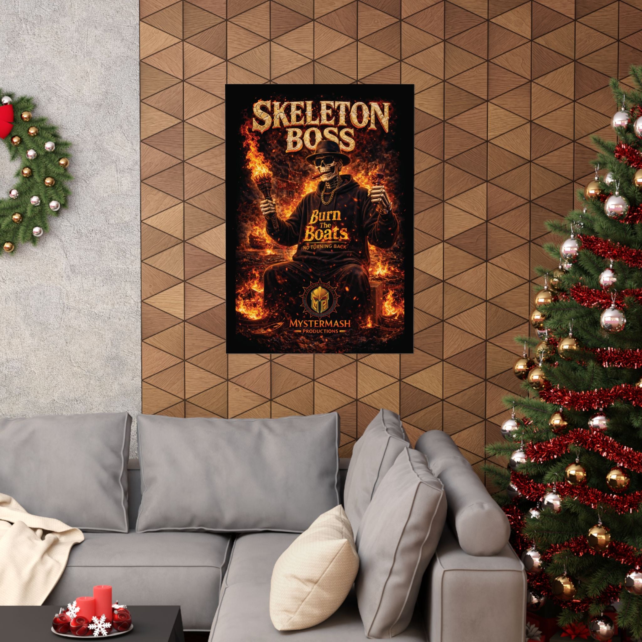 Skeleton Boss Motivational Poster – Dark Aesthetic Wall Art | No Fear No Retreat Quote | Cinematic Skull Artwork | Office Gym Decor | Mystermash Productions