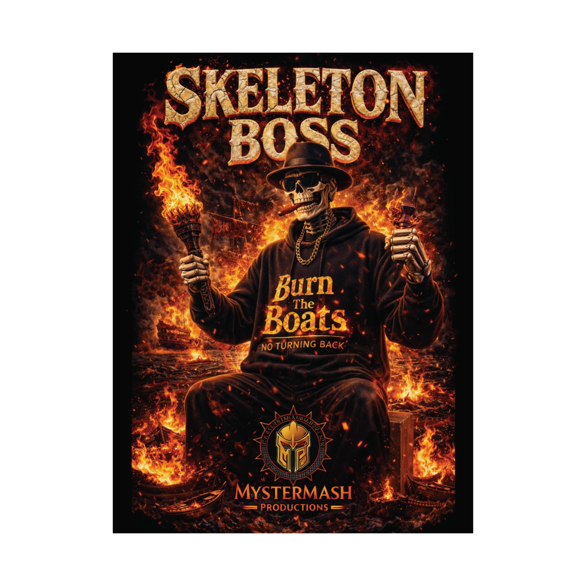Skeleton Boss Motivational Poster – Dark Aesthetic Wall Art | No Fear No Retreat Quote | Cinematic Skull Artwork | Office Gym Decor | Mystermash Productions