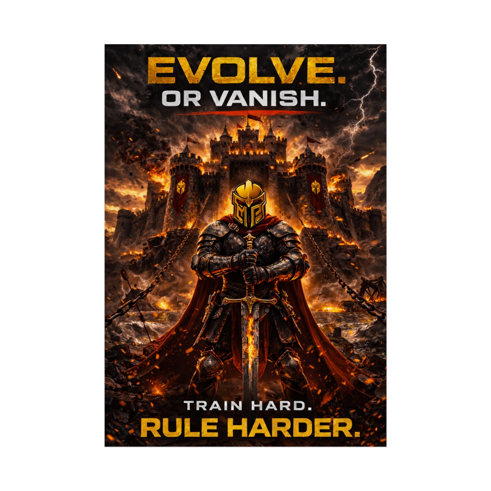 EVOLVE OR VANISH Poster – Motivational Warrior Wall Art, Medieval Knight Canvas Print, Gym Office Decor, Alpha Mindset Artwork