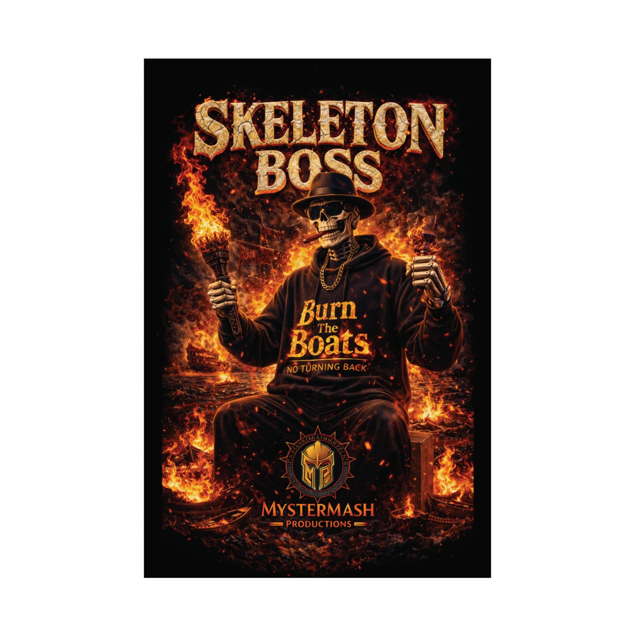 Skeleton Boss Motivational Poster – Dark Aesthetic Wall Art | No Fear No Retreat Quote | Cinematic Skull Artwork | Office Gym Decor | Mystermash Productions