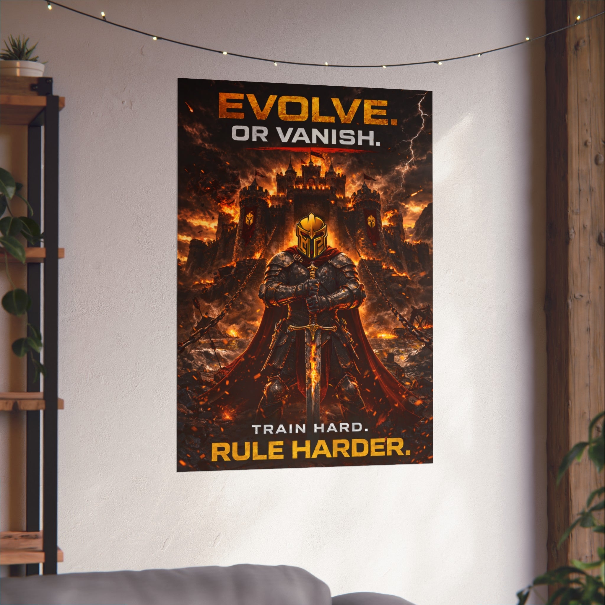 EVOLVE OR VANISH Poster – Motivational Warrior Wall Art, Medieval Knight Canvas Print, Gym Office Decor, Alpha Mindset Artwork