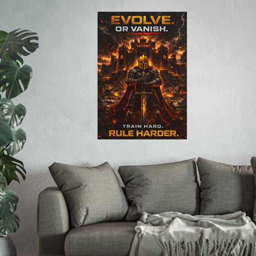 EVOLVE OR VANISH Poster – Motivational Warrior Wall Art, Medieval Knight Canvas Print, Gym Office Decor, Alpha Mindset Artwork